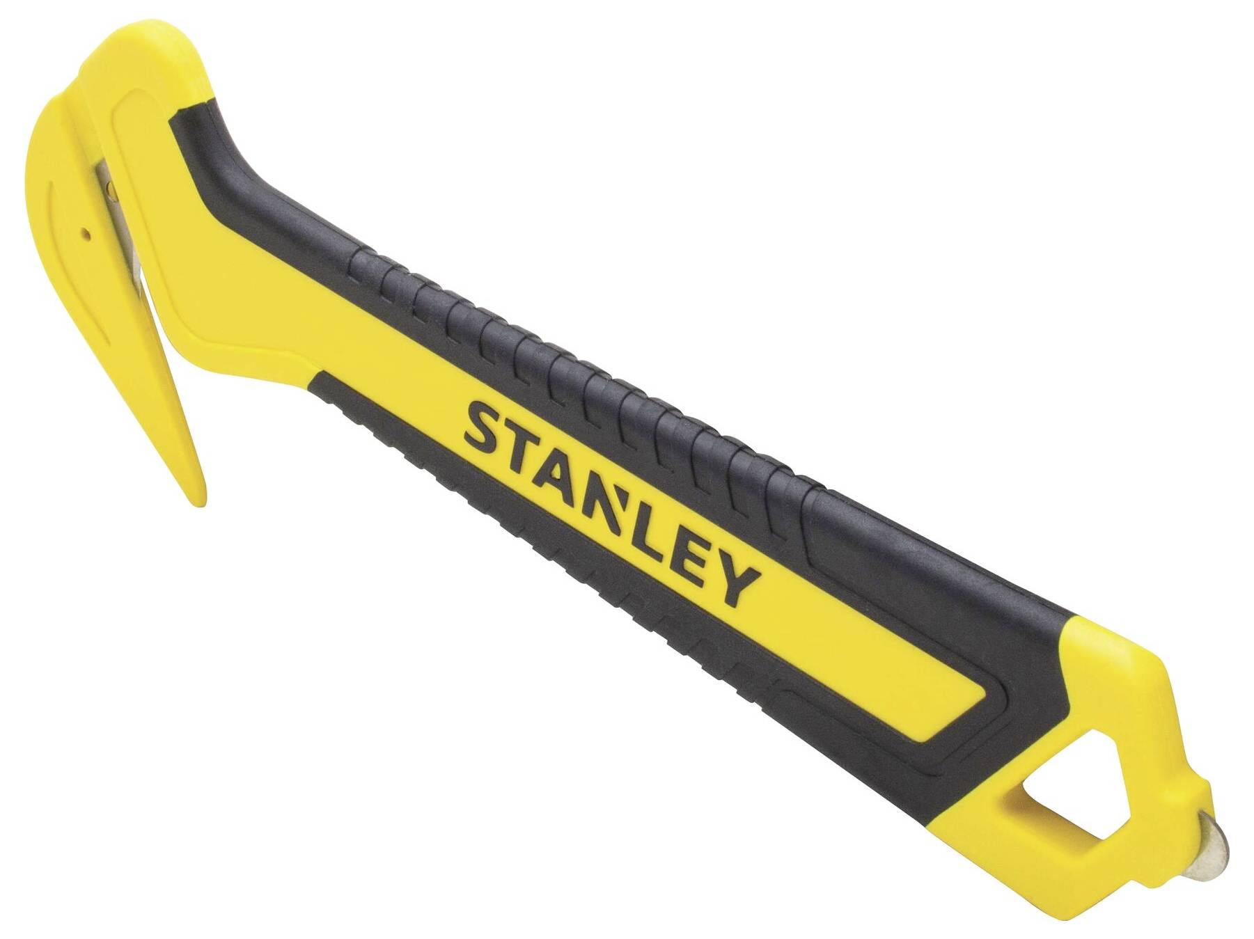 Yellow and black Stanley safety knife with a hook blade and ergonomic handle, suitable for cutting packaging.
