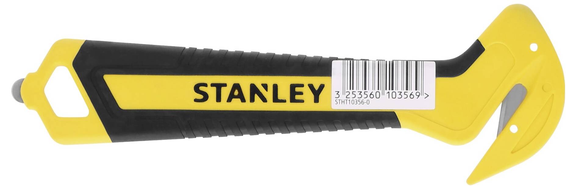 Yellow and black safety knife by Stanley with hook blade and integrated knife, suitable for cutting packaging.