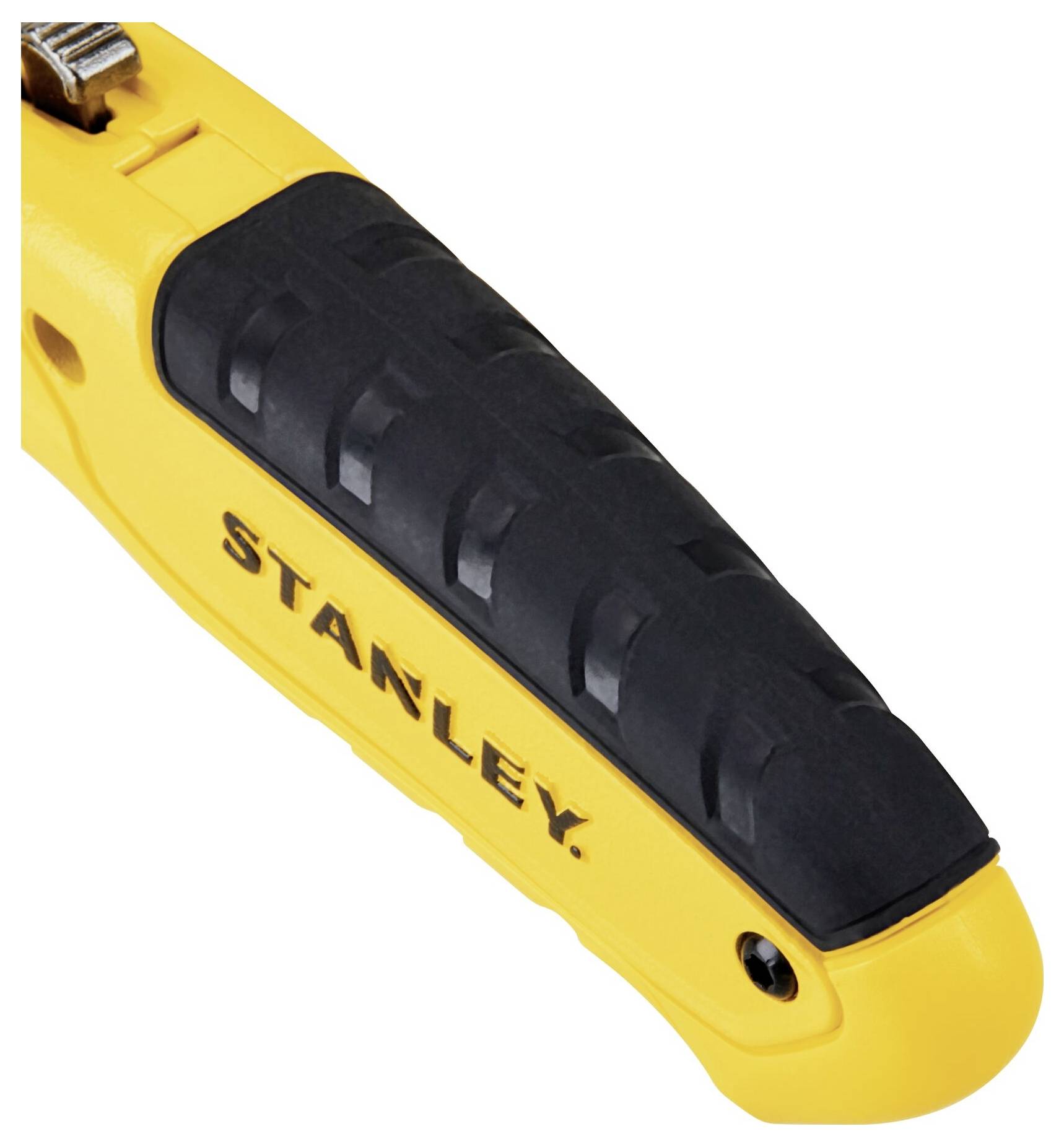 Yellow and black handle of a Stanley cutting tool, ergonomically shaped for better grip.