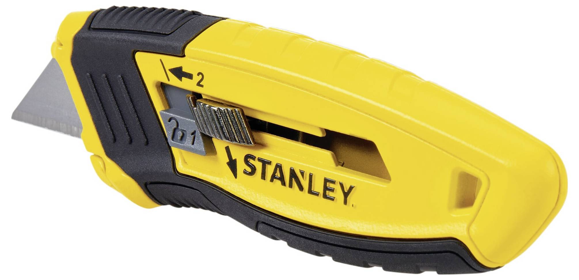 A yellow Stanley retractable utility knife with a black handle, used for cutting materials.