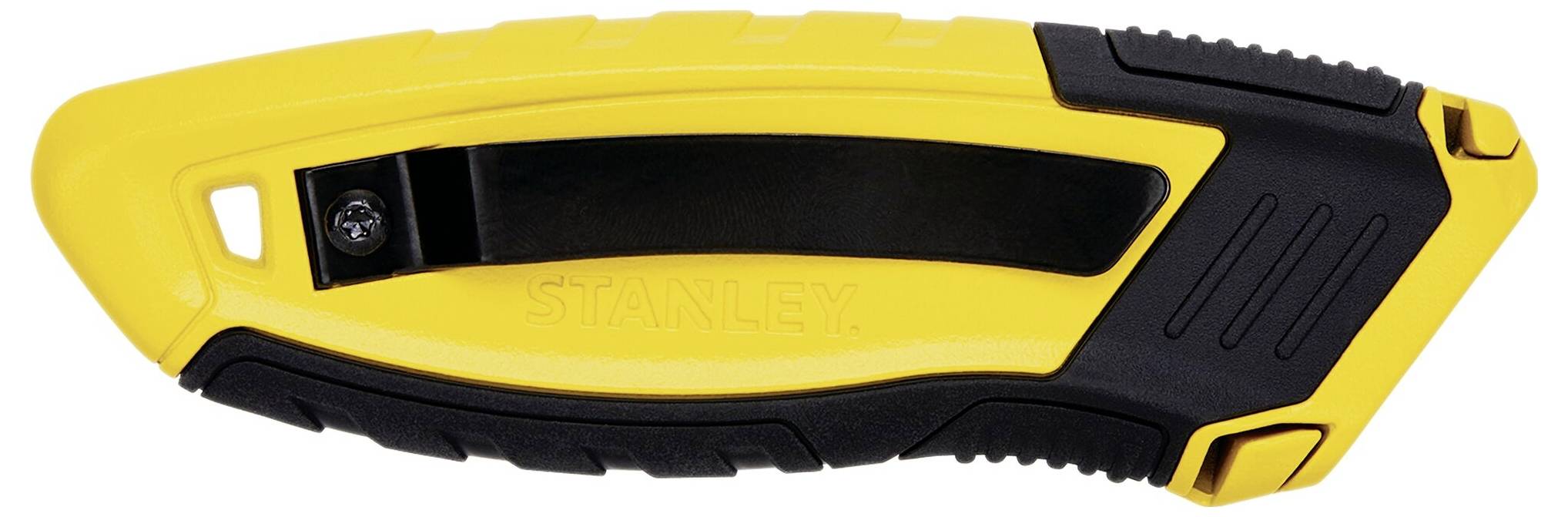 Yellow and black safety knife with rounded edges and ergonomic handle design.
