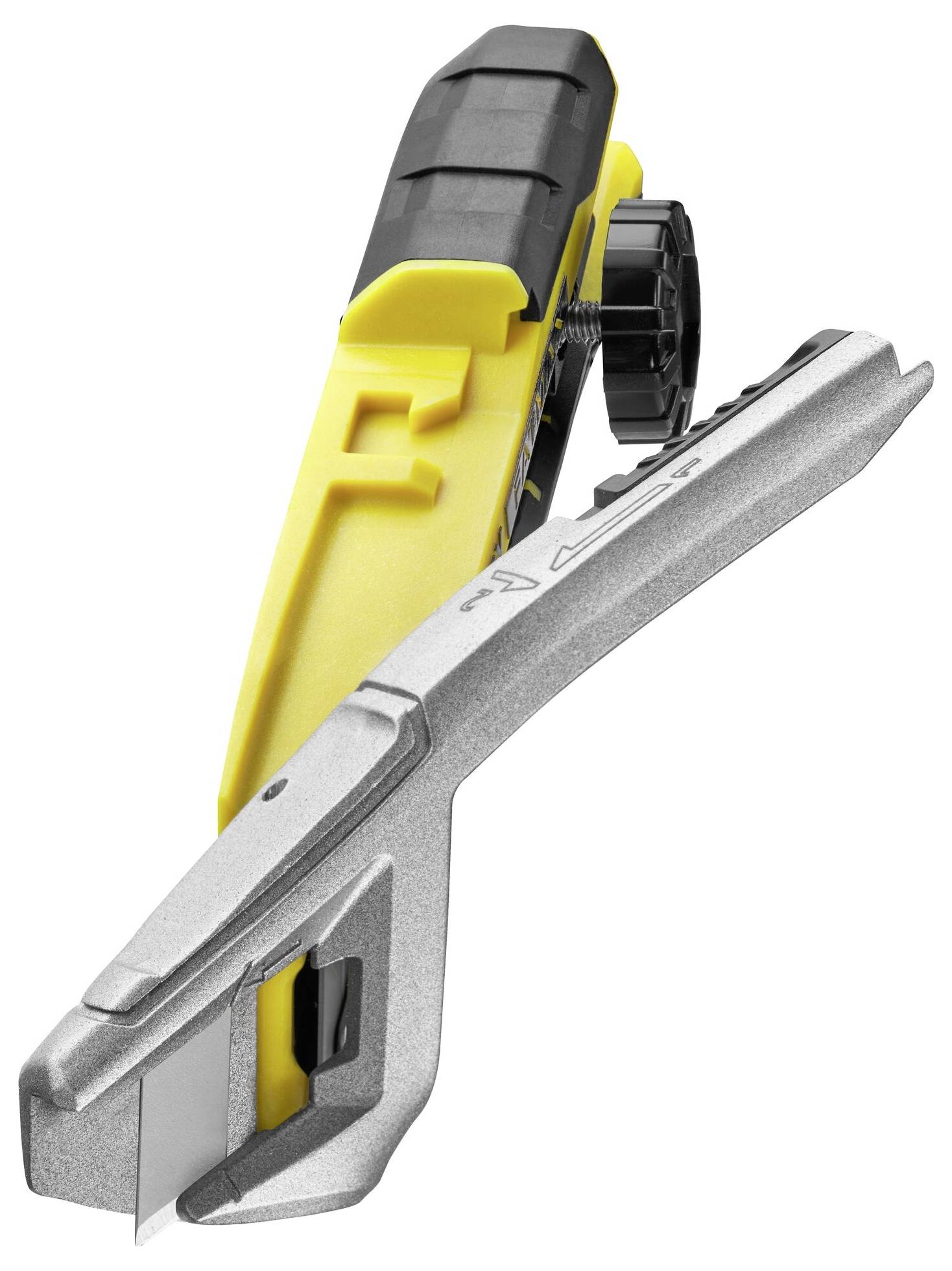 A yellow and silver safety cutter with a black handle and adjustment wheel for cutting materials.