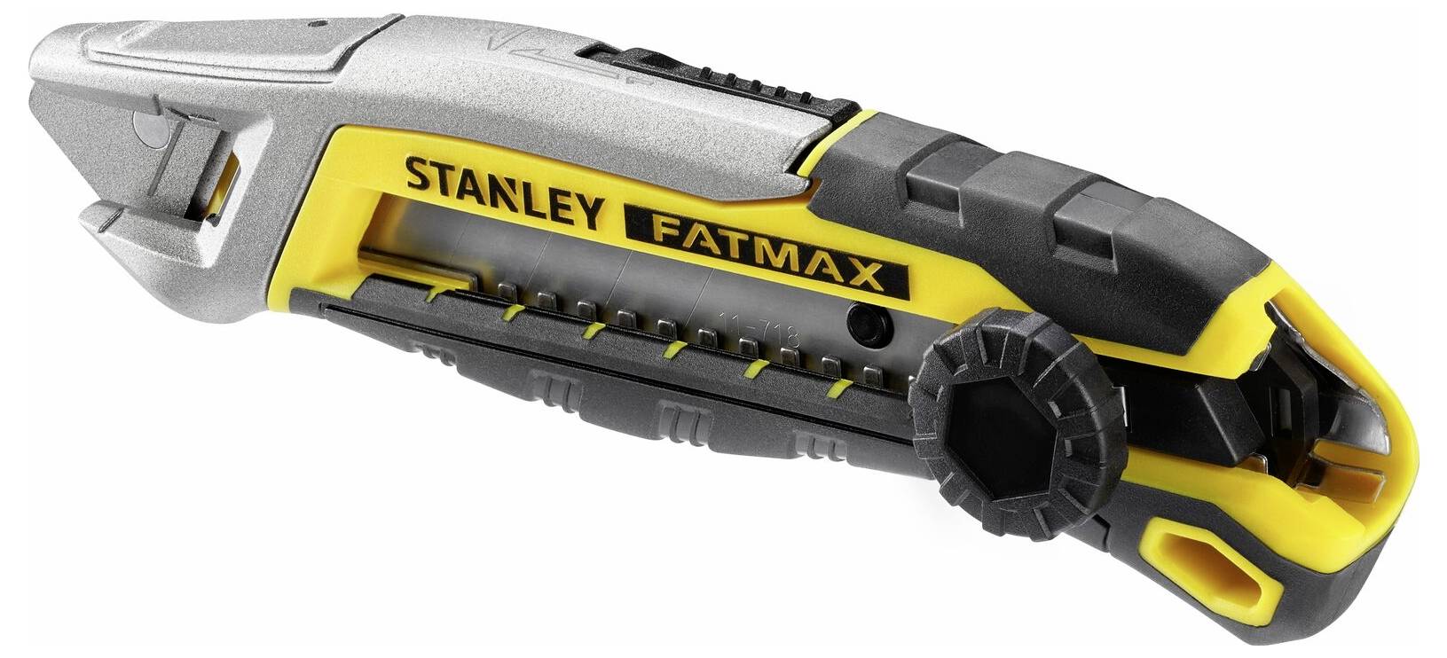 A yellow and black Stanley FatMax utility knife with a retractable blade and ergonomic handle, shown from the side.