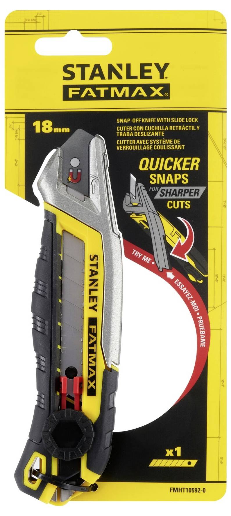 'Stanley FatMax' Utility Knife with 18mm Blade on Yellow Packaging. Product Features: Easy Blade Snapping for Sharper Cuts.