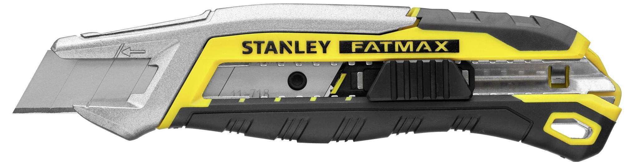 Yellow, black and silver Stanley FatMax utility knife, closed. Robust and ergonomic, suitable for precise cutting.