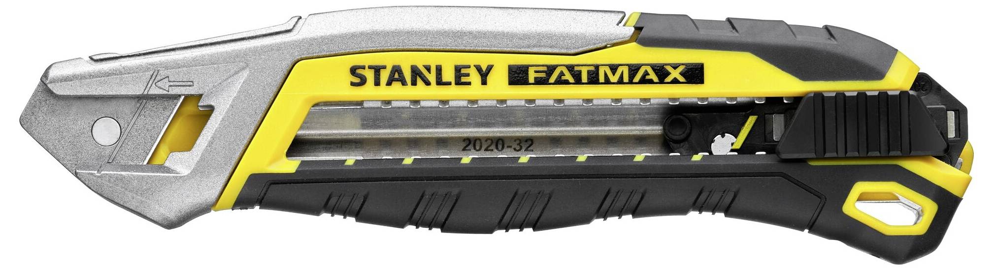 A yellow and black Stanley Fatmax Stanley knife with metal elements. The knife has a sliding mechanism for the blade.