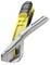 A yellow and grey safety knife with a retractable blade and ergonomic handle lies on a white background.
