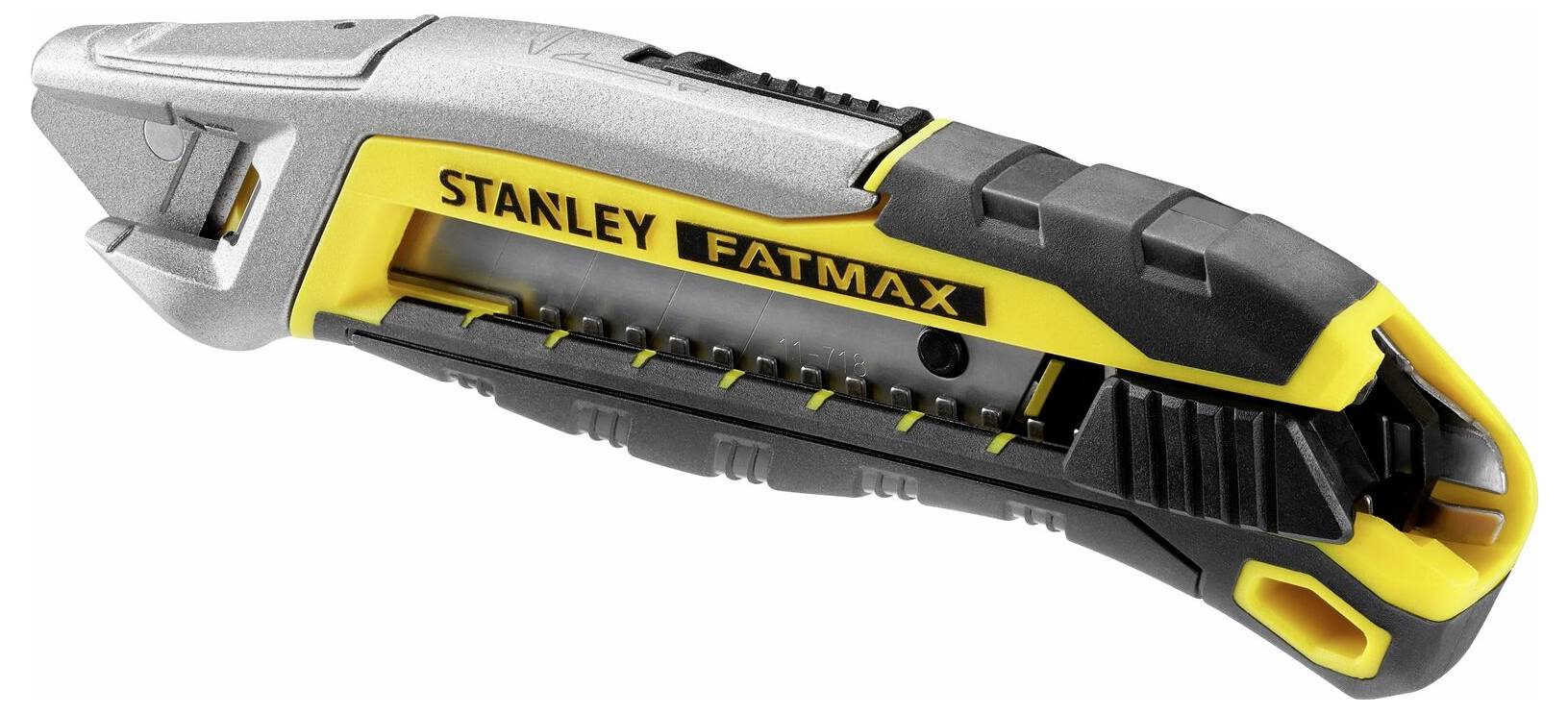A yellow and black Stanley Fatmax utility knife with a retractable blade, ergonomic handle, and robust design.