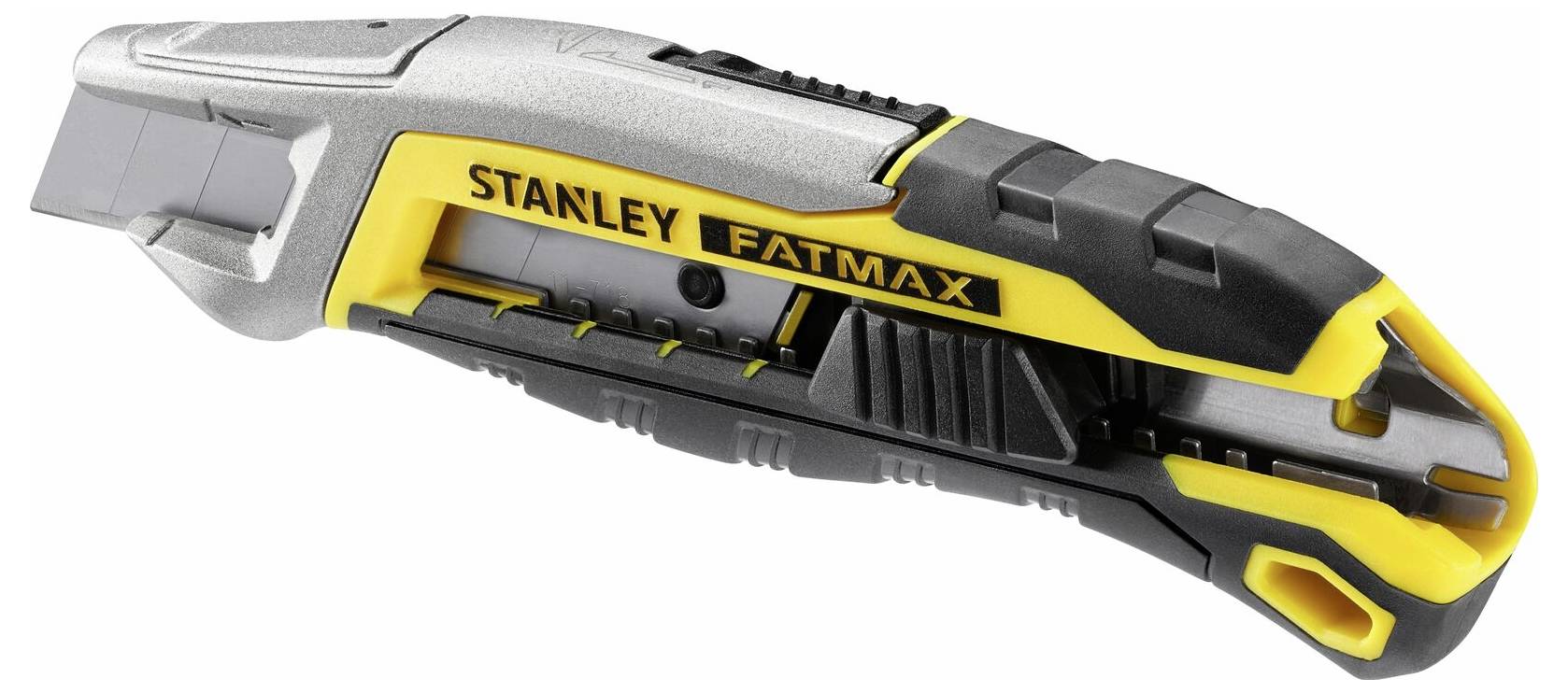 Compact, ergonomically designed Stanley FatMax utility knife with retractable blade, predominantly in yellow and black.