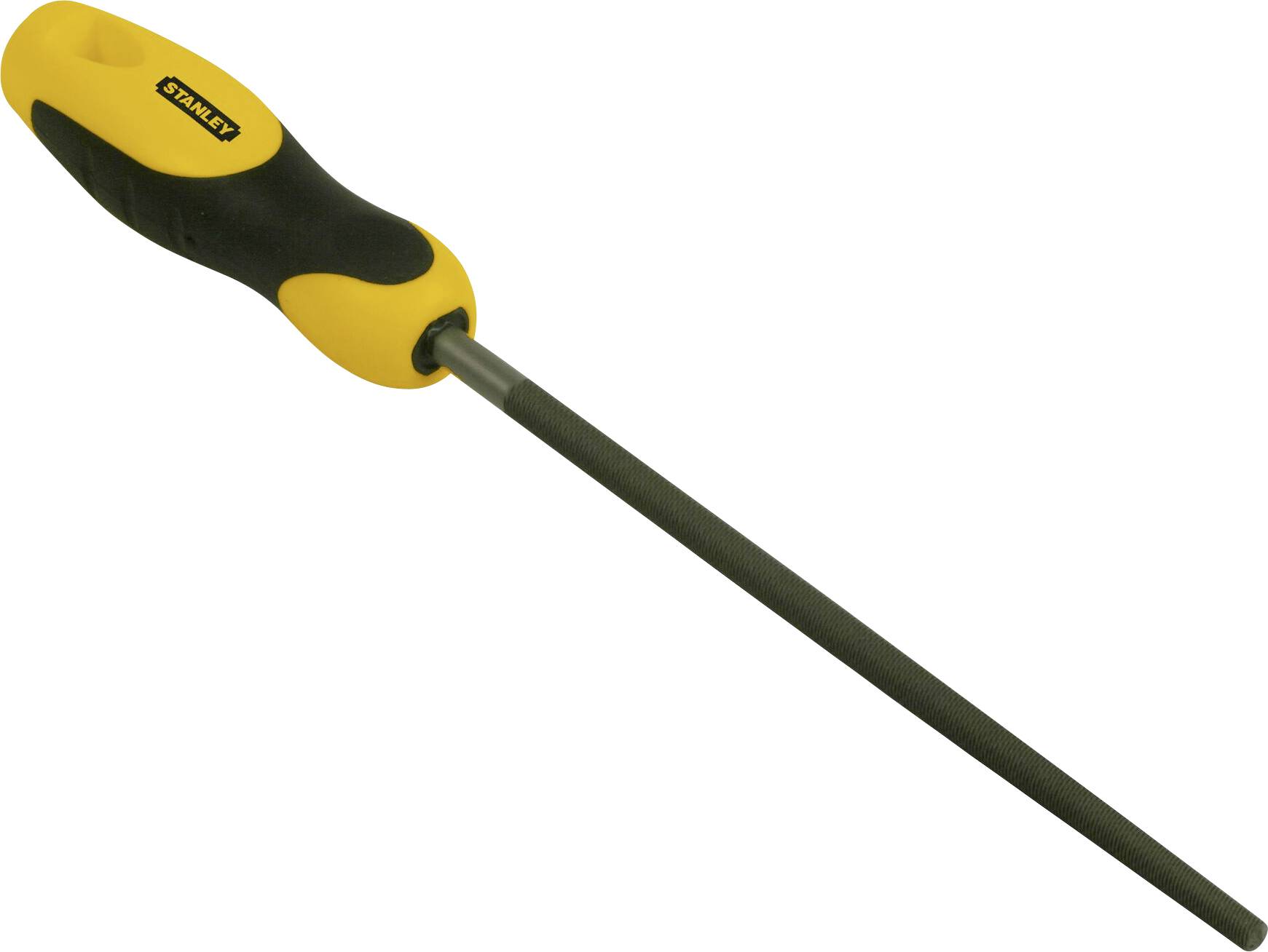 A metal file with a yellow and black handle lies crosswise.