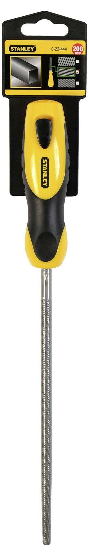 A round file with a yellow and black handle, packaged on a Stanley box, suitable for metalworking.
