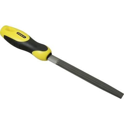Workshop files with black and yellow handles, elongated metal blade, suitable for filing materials.