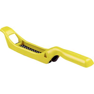 Yellow plane with an ergonomic handle and metal blade, used for smoothing surfaces in craftwork.