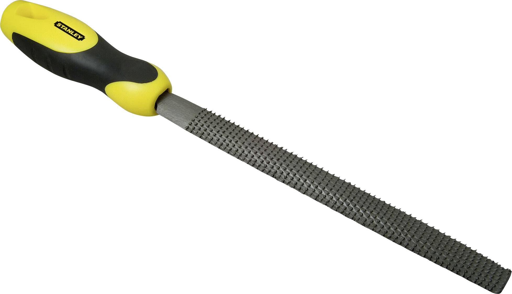 'A practical wooden rasp with a yellow and black handle, perfect for shaping and smoothing wooden surfaces.'