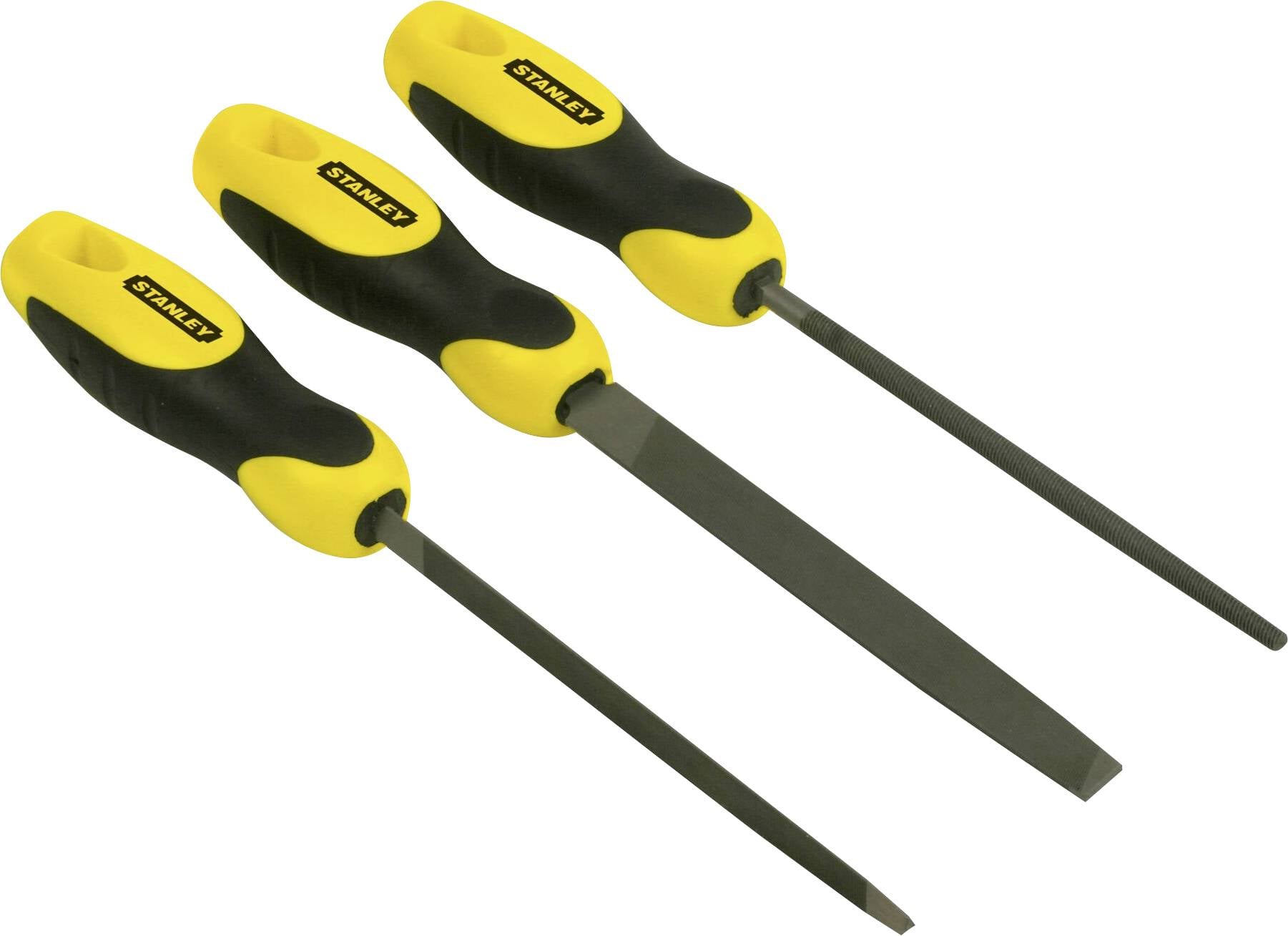 Three yellow and black hand files with ergonomic handles, lying side by side on a white background. Different shapes: round, flat, half-round.