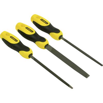 Three yellow and black hand files with ergonomic handles, lying side by side on a white background. Different shapes: round, flat, half-round.