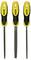 Three yellow and black Stanley files with different blade shapes, positioned side by side.