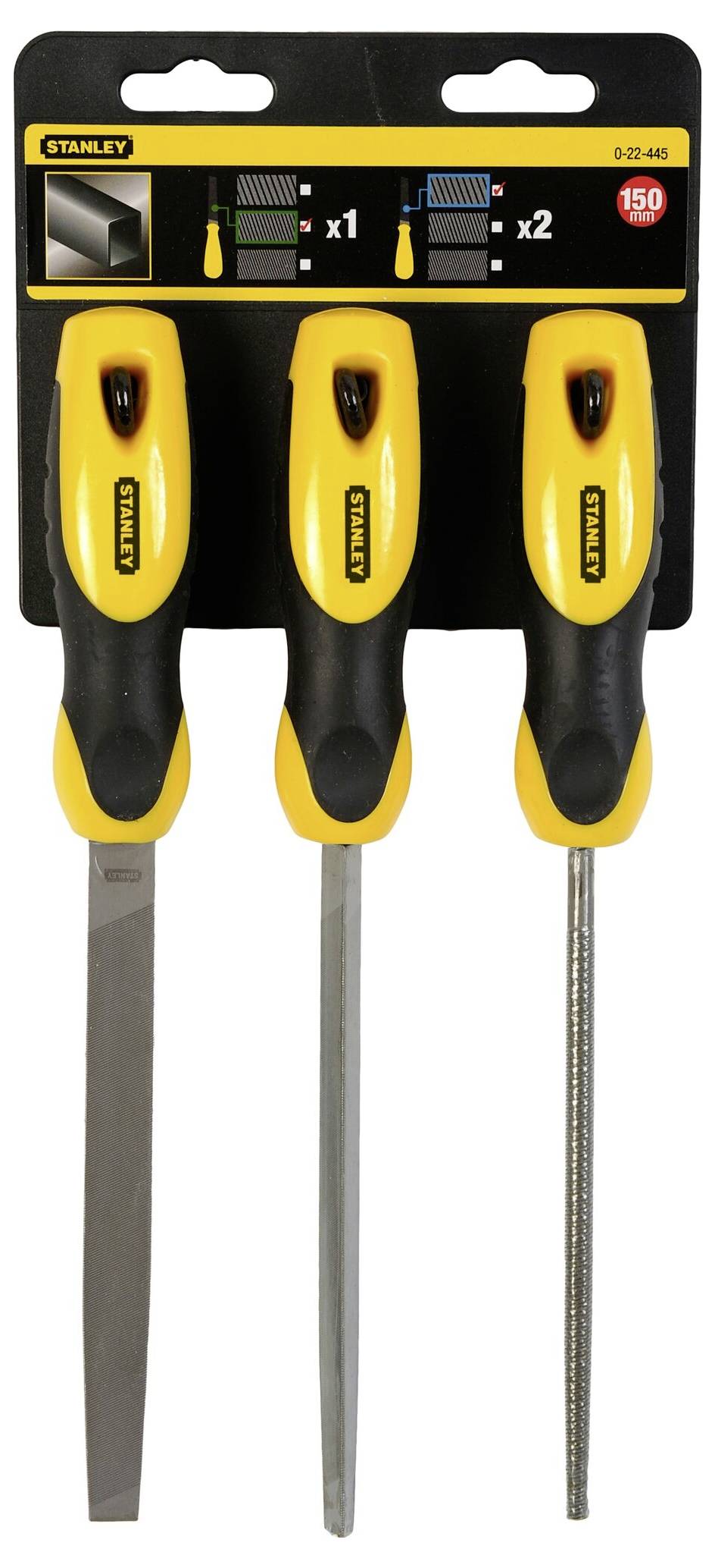Three Stanley tools on black cardboard: flat file, half-round file, and round file, each with a yellow handle.
