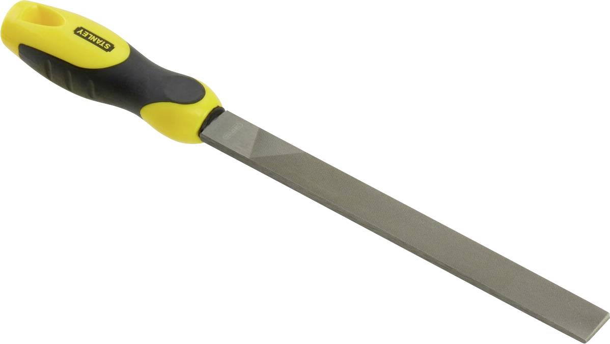 A flat metal file with a yellow and black handle, commonly used for smoothing and shaping metal surfaces.