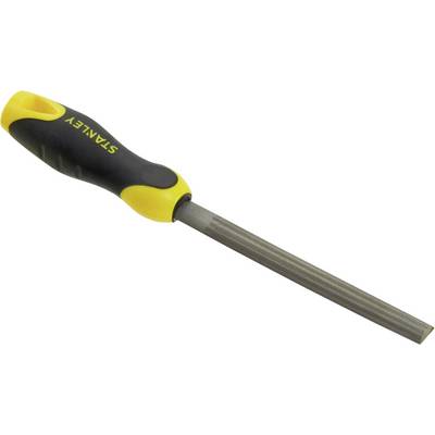 A round metal file with a yellow and black plastic handle.