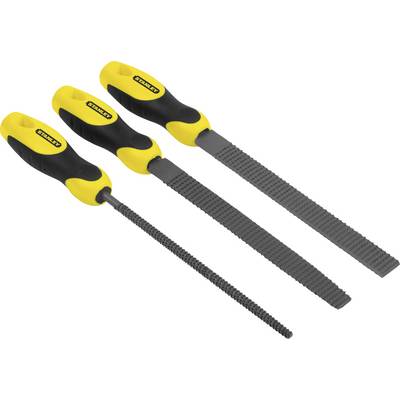 Three files with yellow and black handles. Different shapes: round, semi-circular, flat. Brass marking on the handles.