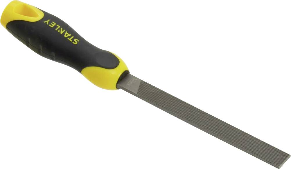 A flat metal file with a yellow and black plastic handle. The brand name 'Stanley' is printed on the handle.