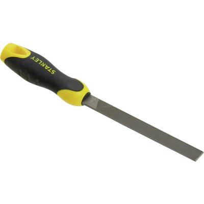 A flat metal file with a yellow and black plastic handle. The brand name 'Stanley' is printed on the handle.