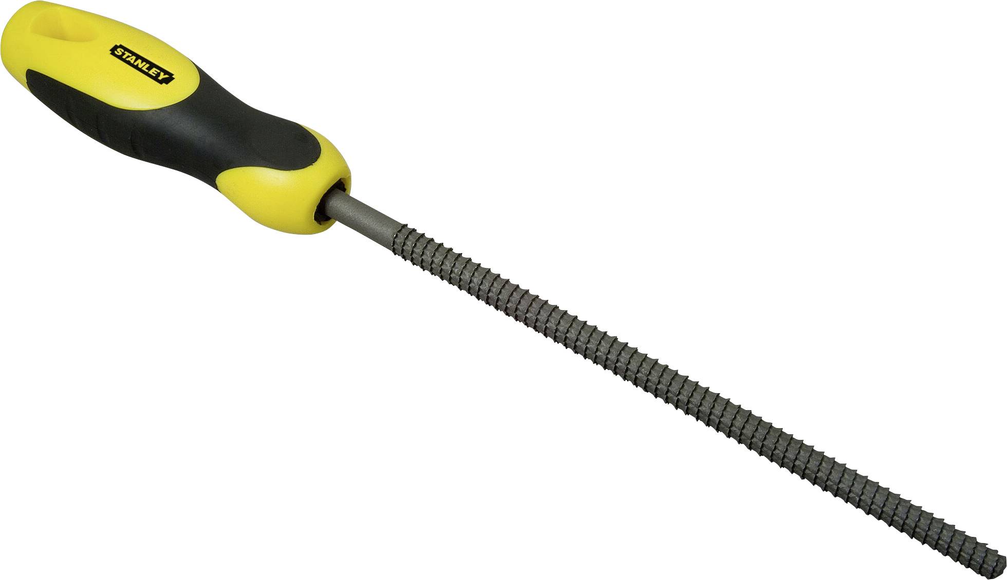 A yellow and black file with an ergonomic handle, suitable for smoothing surfaces in DIY projects.