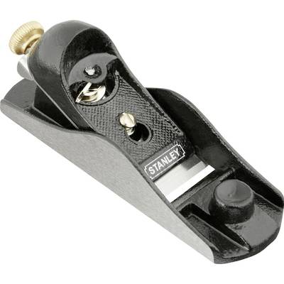 A Stanley metal hand plane with a golden screw. Primarily used for smoothing and shaping wooden surfaces.