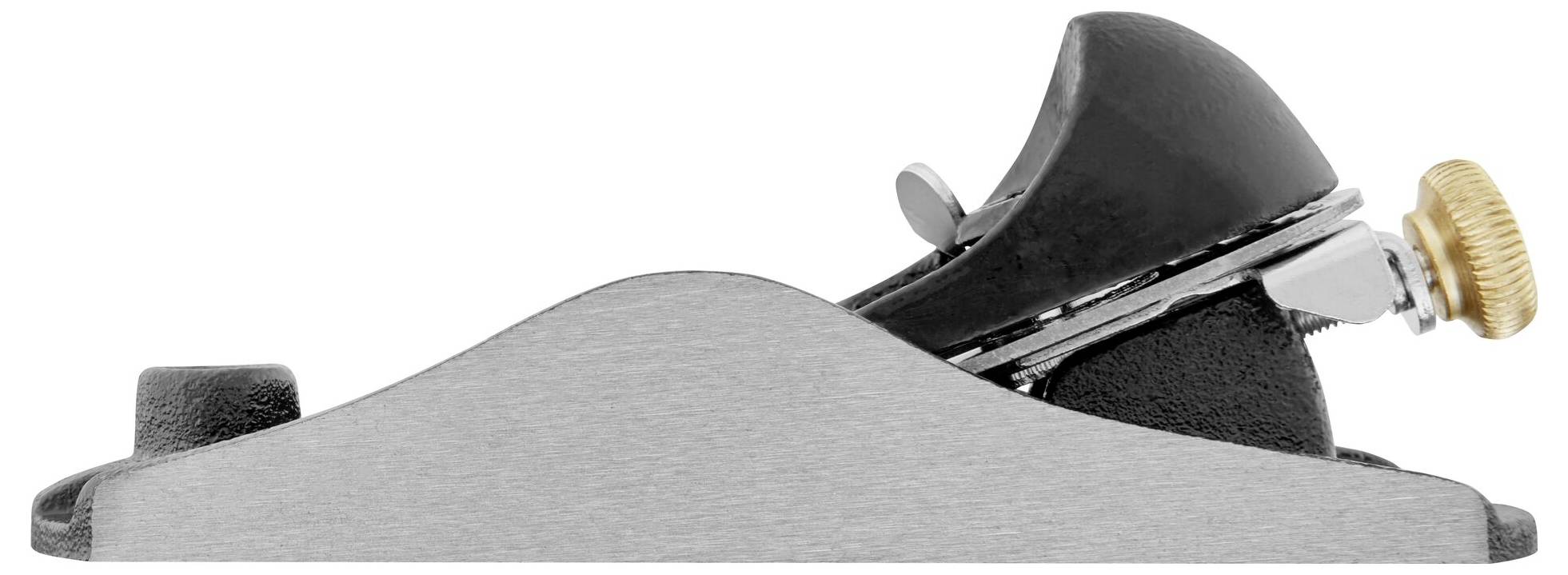 Side view of a plane with a silver casing, black blade adjustment, and gold adjustment screw.