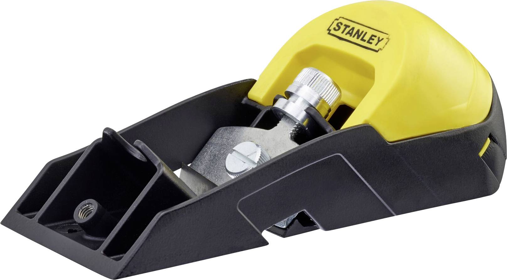 Plane with a yellow handle and black body, used for smoothing wooden surfaces.