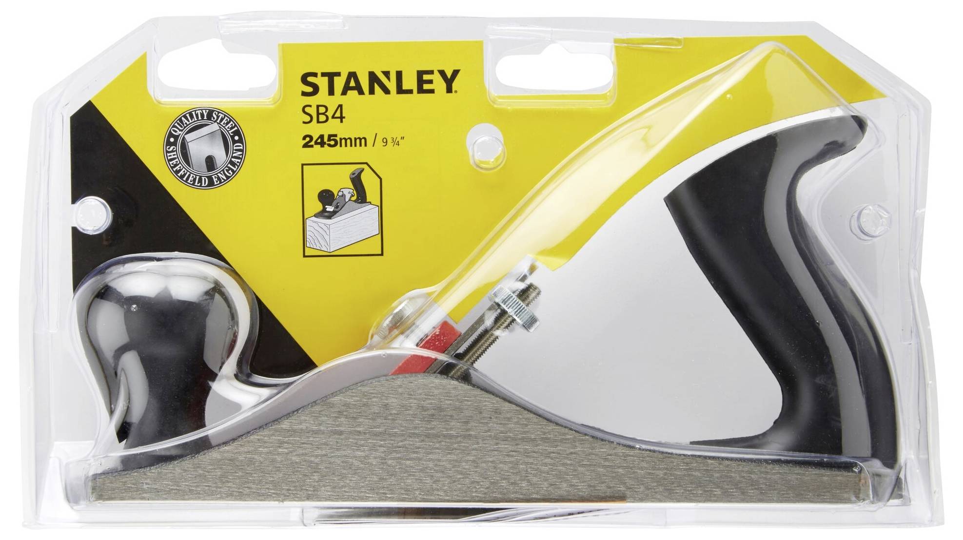 Stanley hand plane, model SB4, length 245 mm, packaged in clear plastic. Ideal for woodworking.