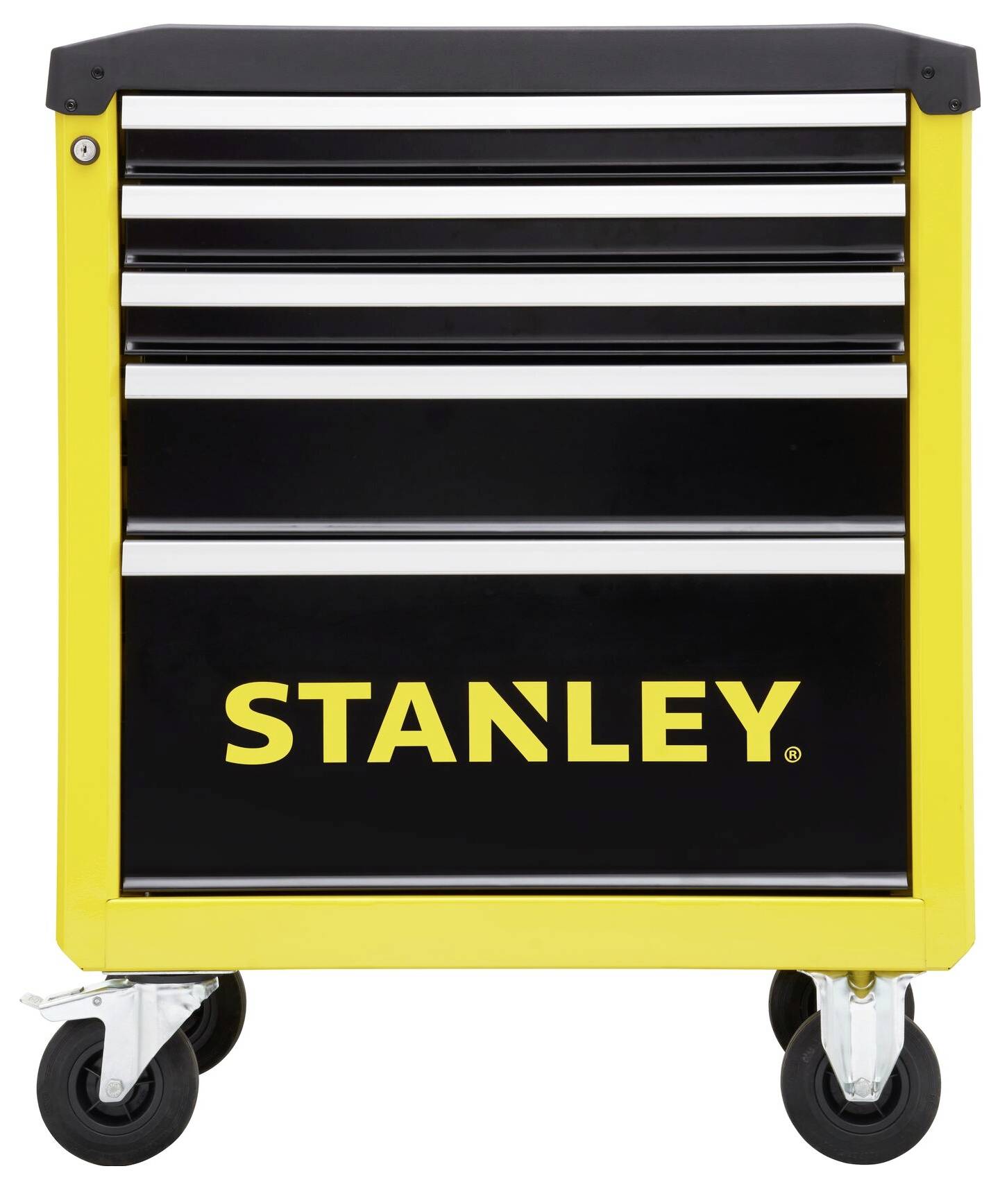 Black and yellow tool trolley with four drawers, featuring the 'STANLEY' inscription on the front; rolls on four wheels.
