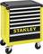 A yellow toolbox on wheels with seven black drawers, Stanley brand, suitable for storing tools.
