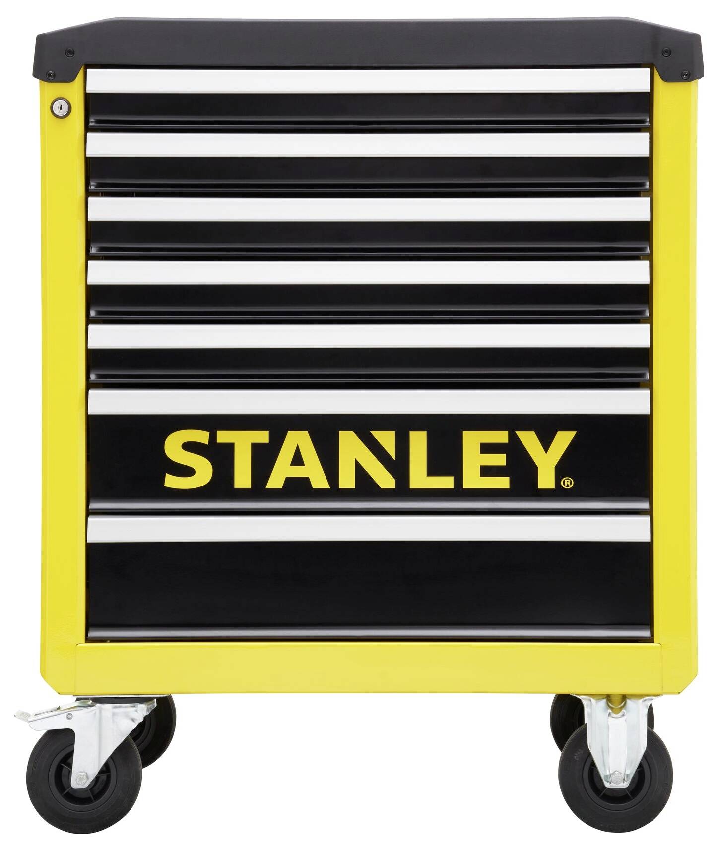 Yellow and black Stanley tool trolley with six drawers and four wheels. Ideal for storing and transporting tools.