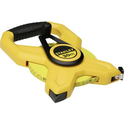 Yellow measuring tape with 30 metre length, black handle and centred 'Stanley' logo. Suitable for construction and measurement work.