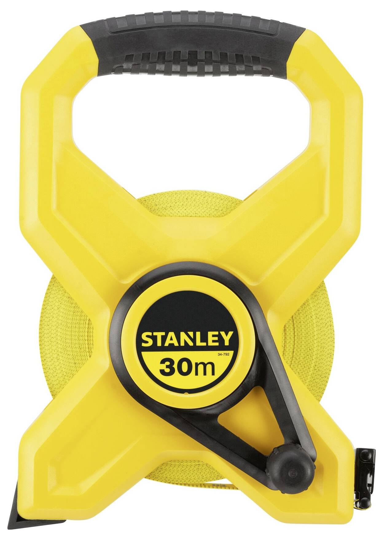Yellow measuring tape with black handle, Stanley brand, length 30 metres.