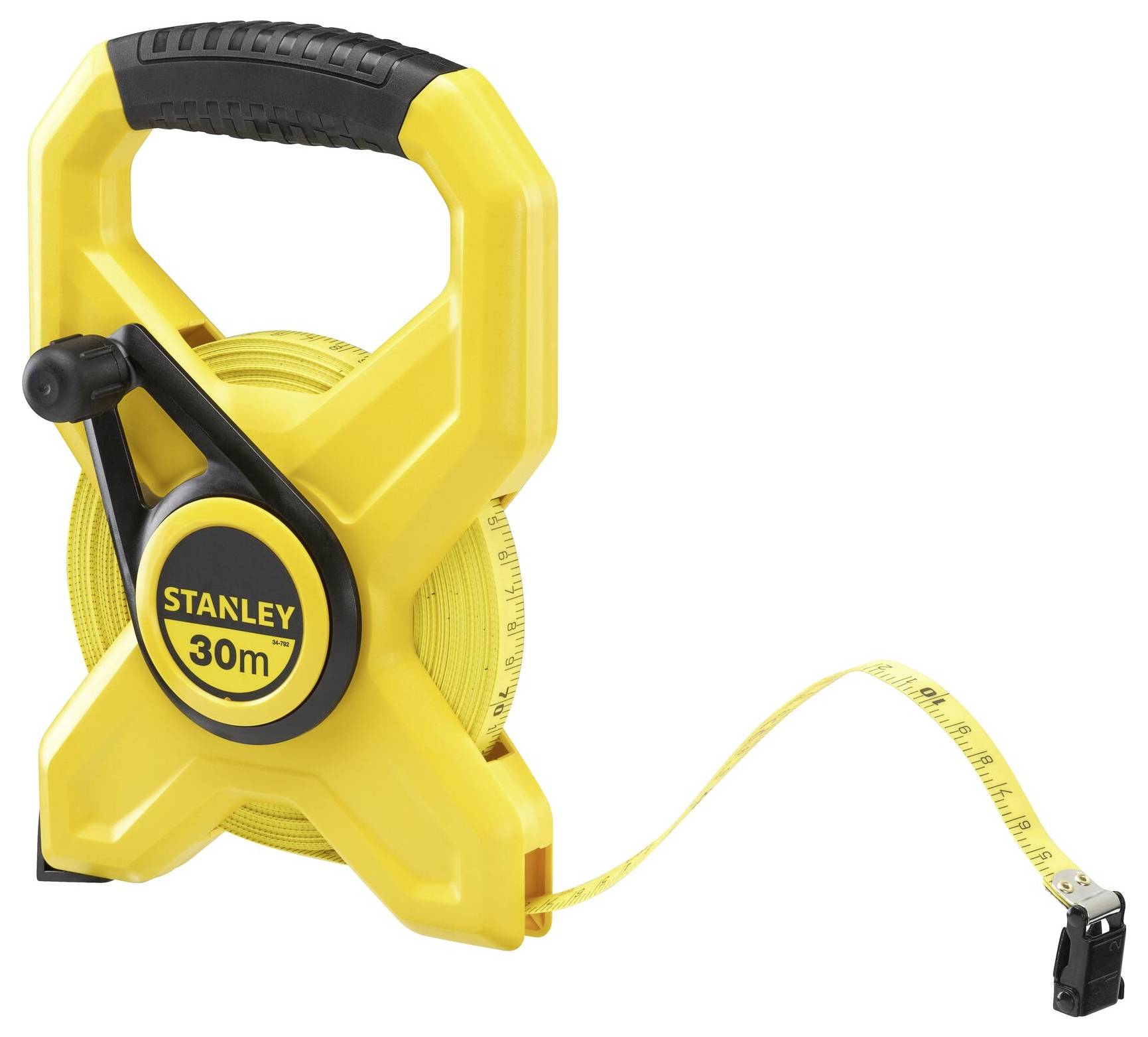 Yellow measuring tape with black handle, 'Stanley' brand, length 30 metres.