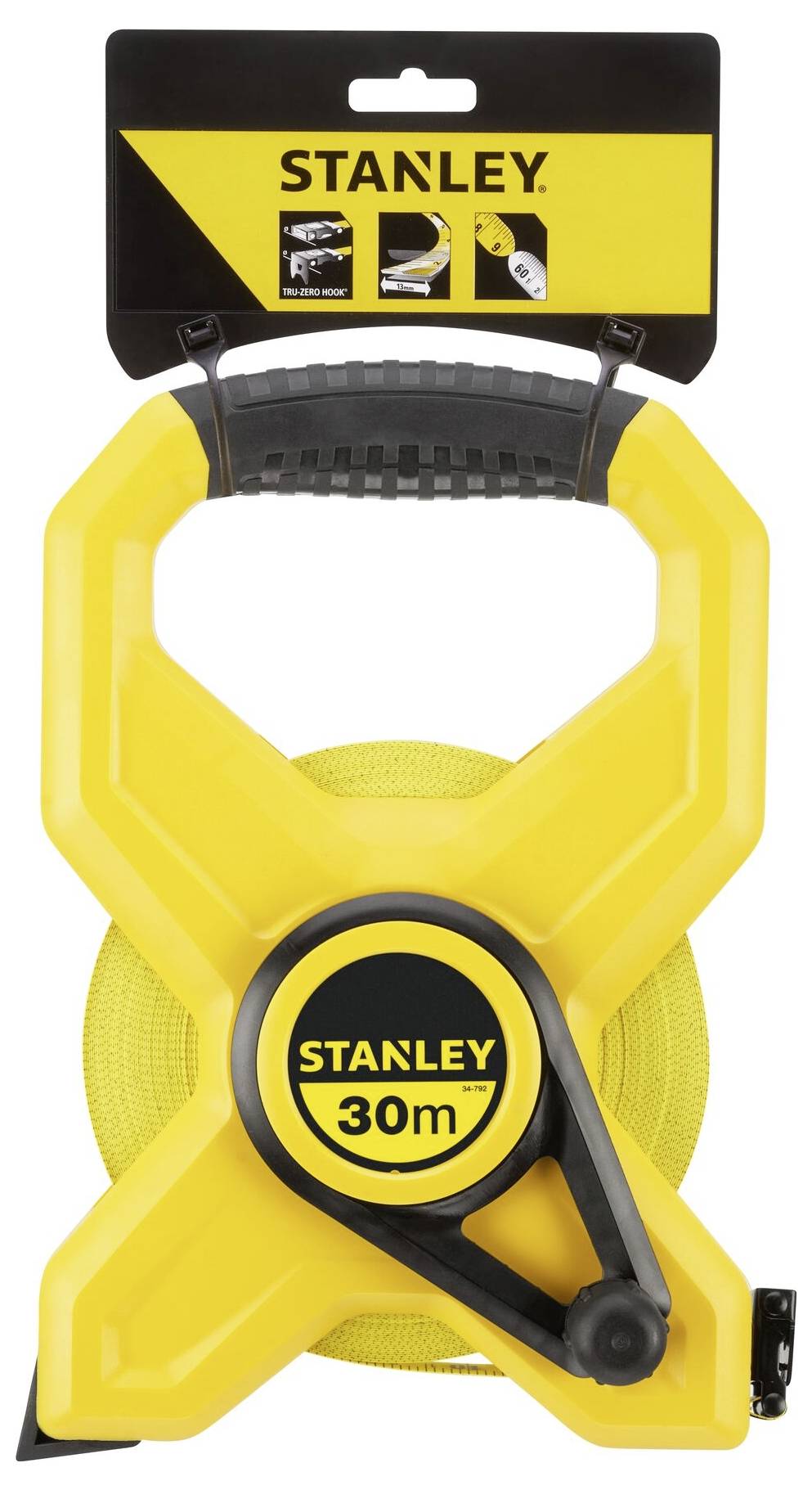 Yellow Stanley measuring tape roll with a 30-metre tape. Black handle with an integrated winder on the front.