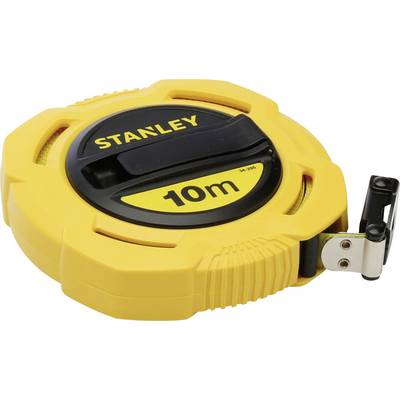A yellow Stanley tape measure, 10 metres long.