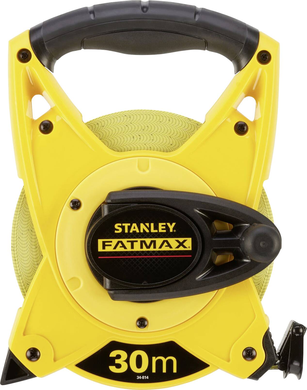 Yellow measuring tape with a black handle and case, with 'Stanley Fatmax 30m' written on it.