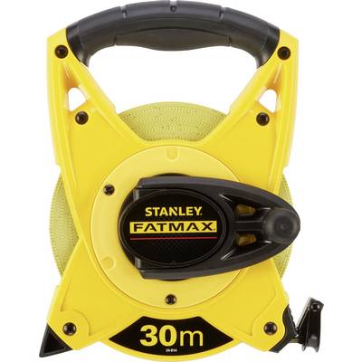 Yellow measuring tape with a black handle and case, with 'Stanley Fatmax 30m' written on it.