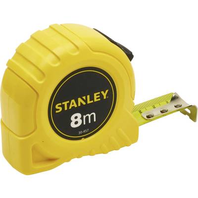 A yellow tape measure with 'Stanley 8m' printed on it, extended by several centimetres.