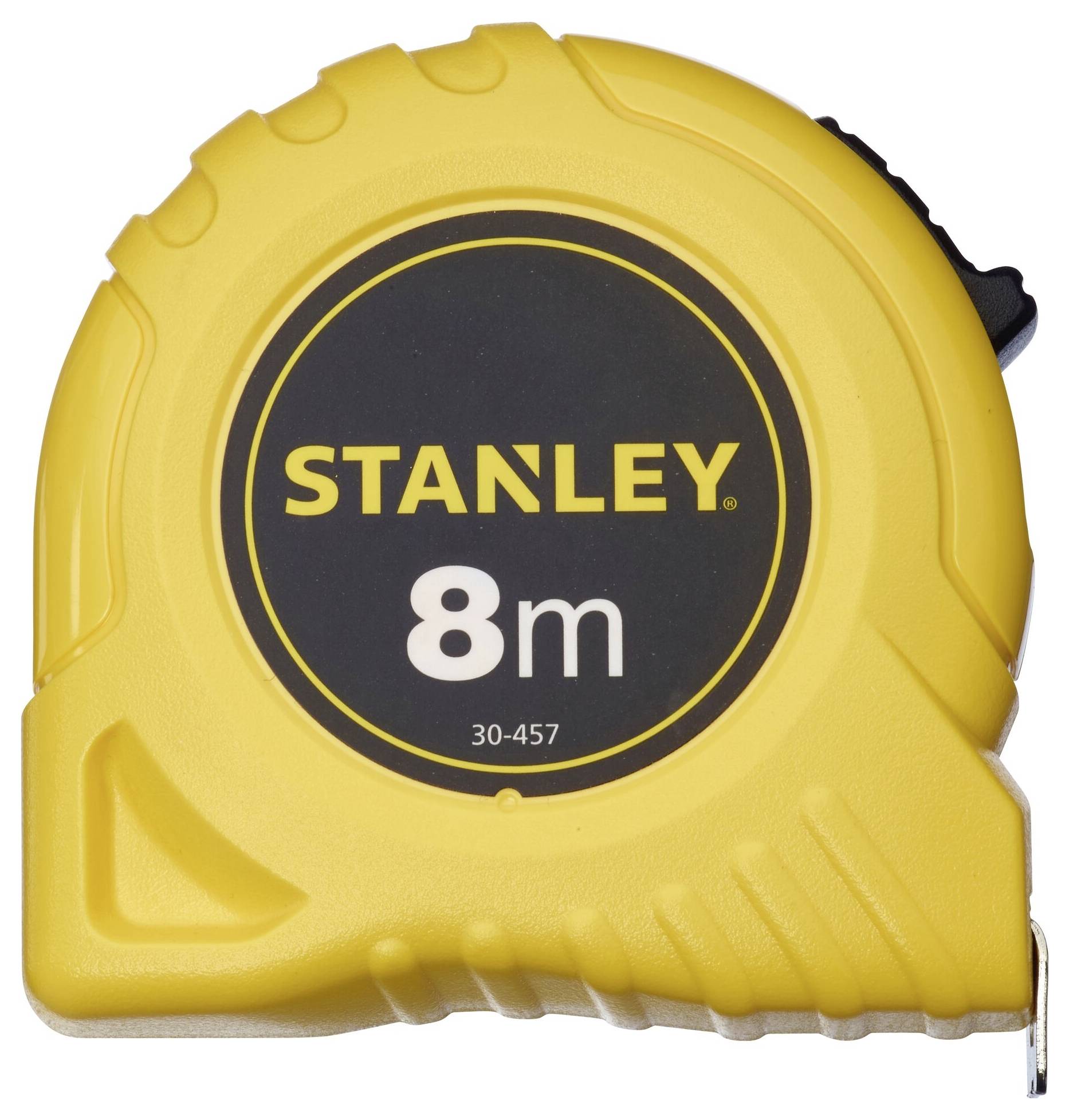 Yellow measuring tape with 'STANLEY 8m' printed on a black background. A handy tool for measuring distances up to 8 metres.