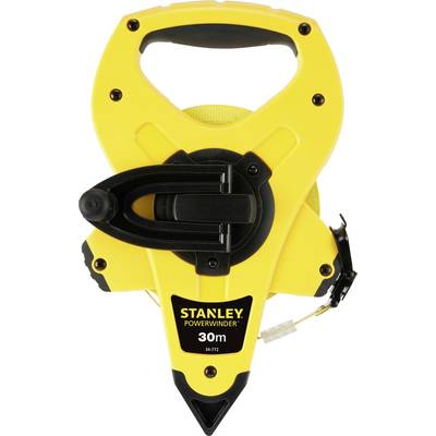 Yellow measuring tape with a black handle. Inscription: 'STANLEY POWERWINDER 30m'. Suitable for precise measurements on construction sites.