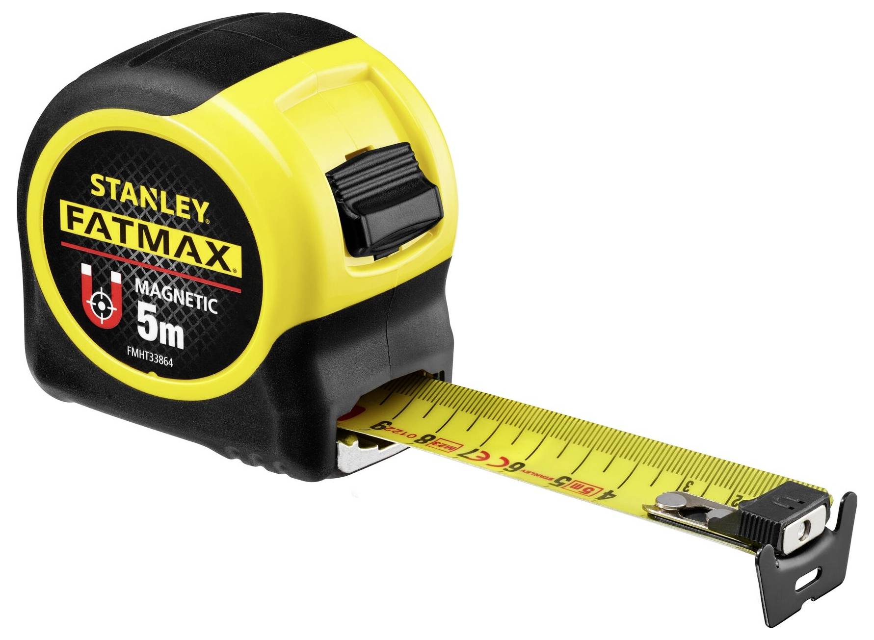 A yellow and black Stanley FatMax tape measure, 5 metres long, with a magnetic tip, partially extended.