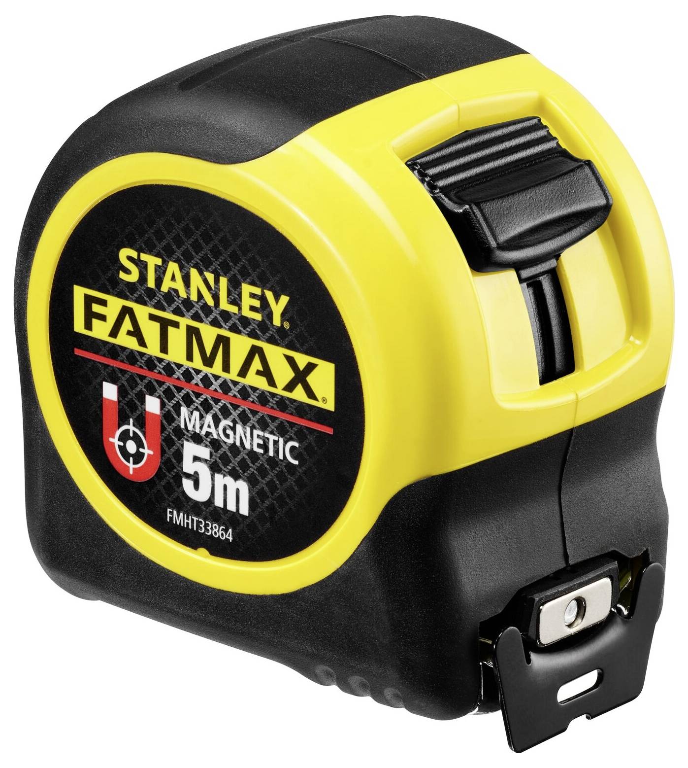 Stanley FatMax magnetic tape measure with yellow and black casing, marked '5m Magnetic'.