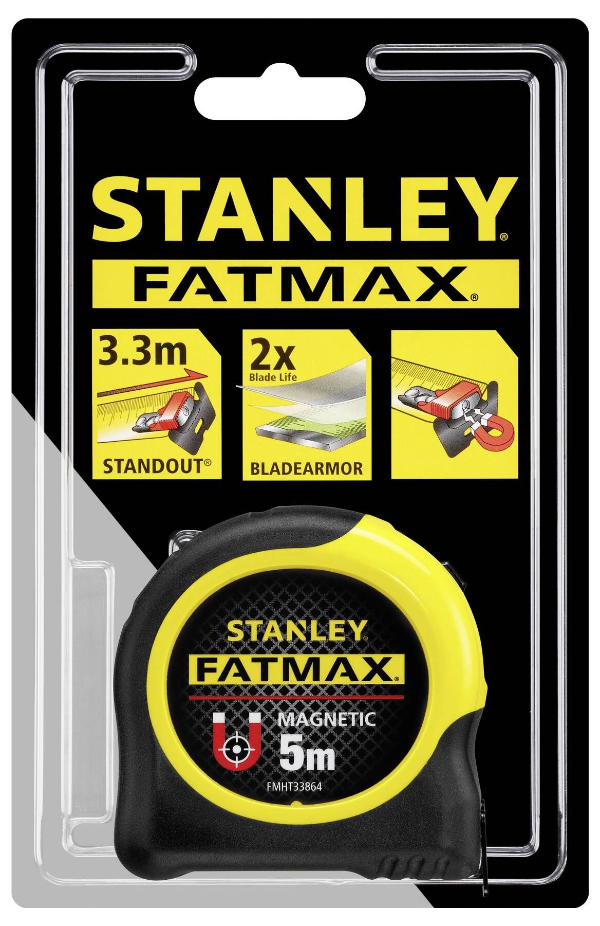 Stanley Fatmax tape measure in black packaging. Key features: 3.3m reach, double blade durability, magnetic.