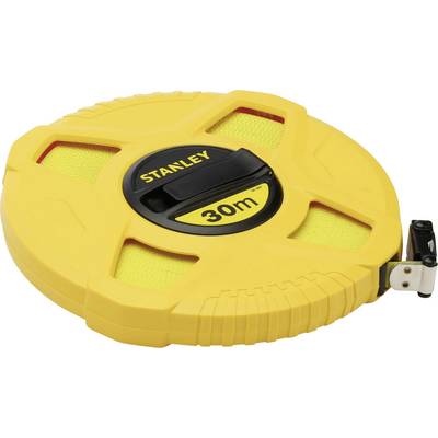 Yellow plastic measuring tape marked with '30m'. Suitable for precise measurements on construction sites or in workshops.