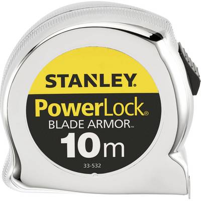 A tape measure with the inscription 'STANLEY PowerLock BLADE ARMOR 10 m'.
